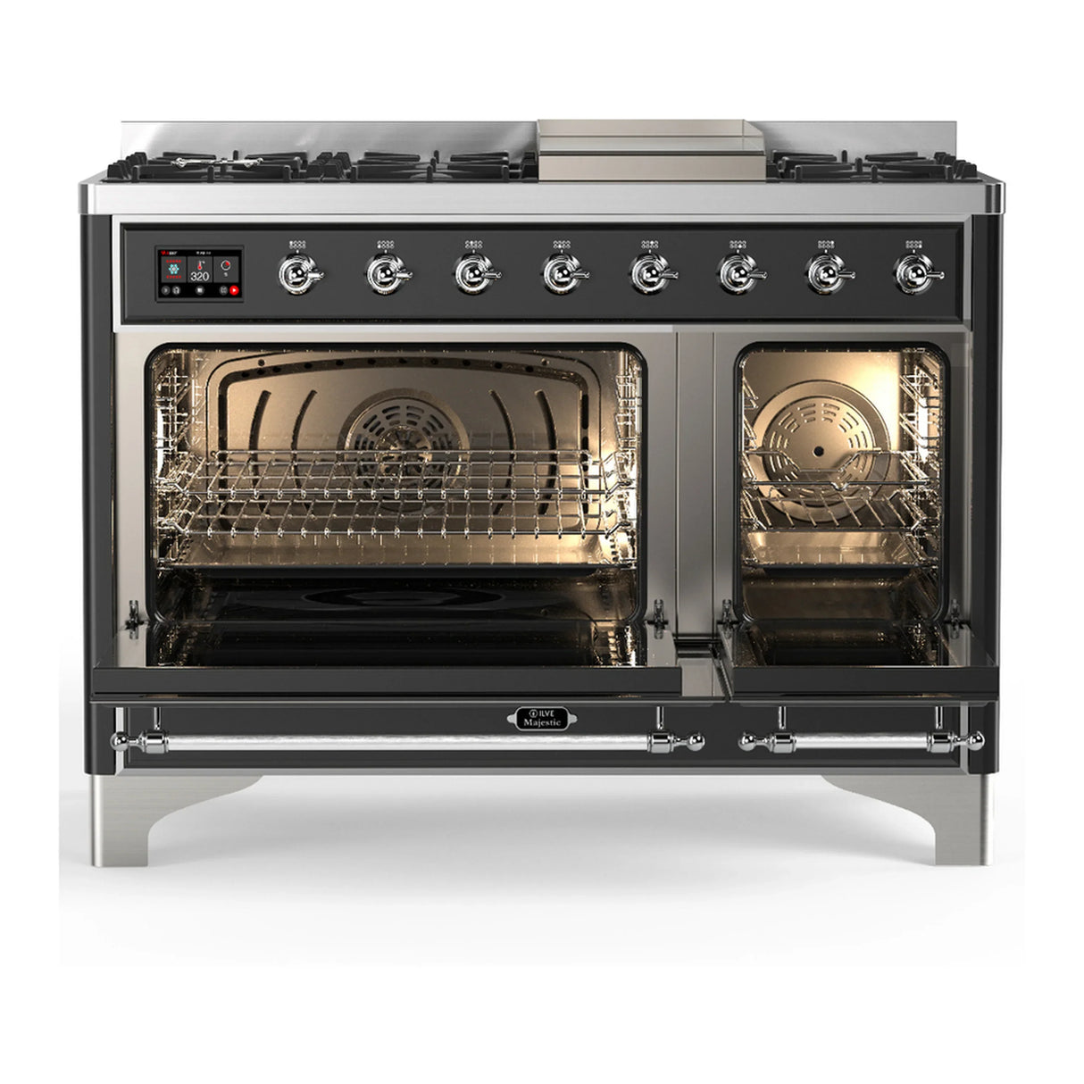 ILVE Majestic III 48-inch Dual Fuel Range with 5 Natural Gas Burner, Griddle and Triple Glass Door Electric Oven in Graphite Matte with Chrome Trim (UM48FNR3MGC)