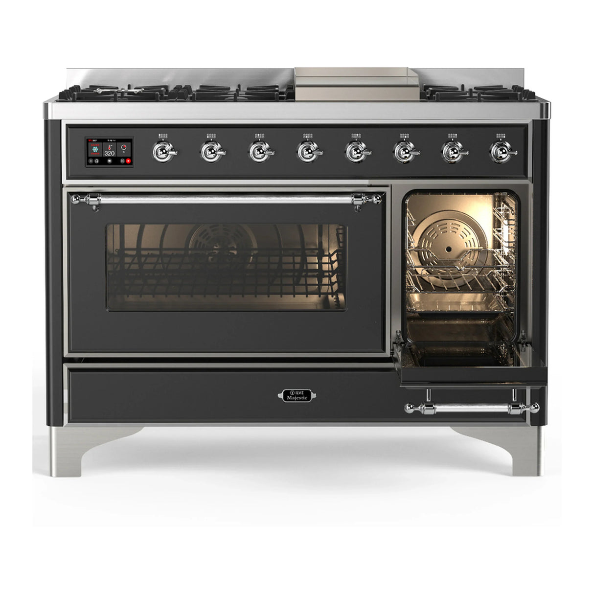 ILVE Majestic III 48-inch Dual Fuel Range with 5 Liquid Propane Burner, Griddle and Triple Glass Door Electric Oven in Graphite Matte with Chrome Trim (UM48FNR3MGCLP)