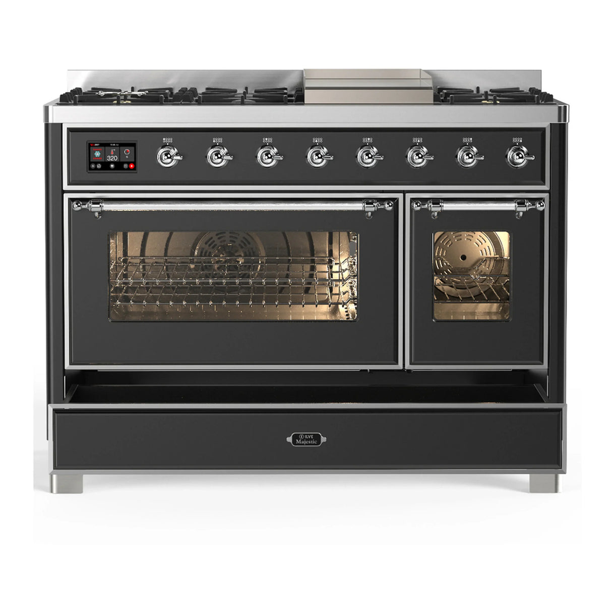 ILVE Majestic III 48-inch Dual Fuel Range with 5 Liquid Propane Burner, Griddle and Triple Glass Door Electric Oven in Graphite Matte with Chrome Trim (UM48FNR3MGCLP)