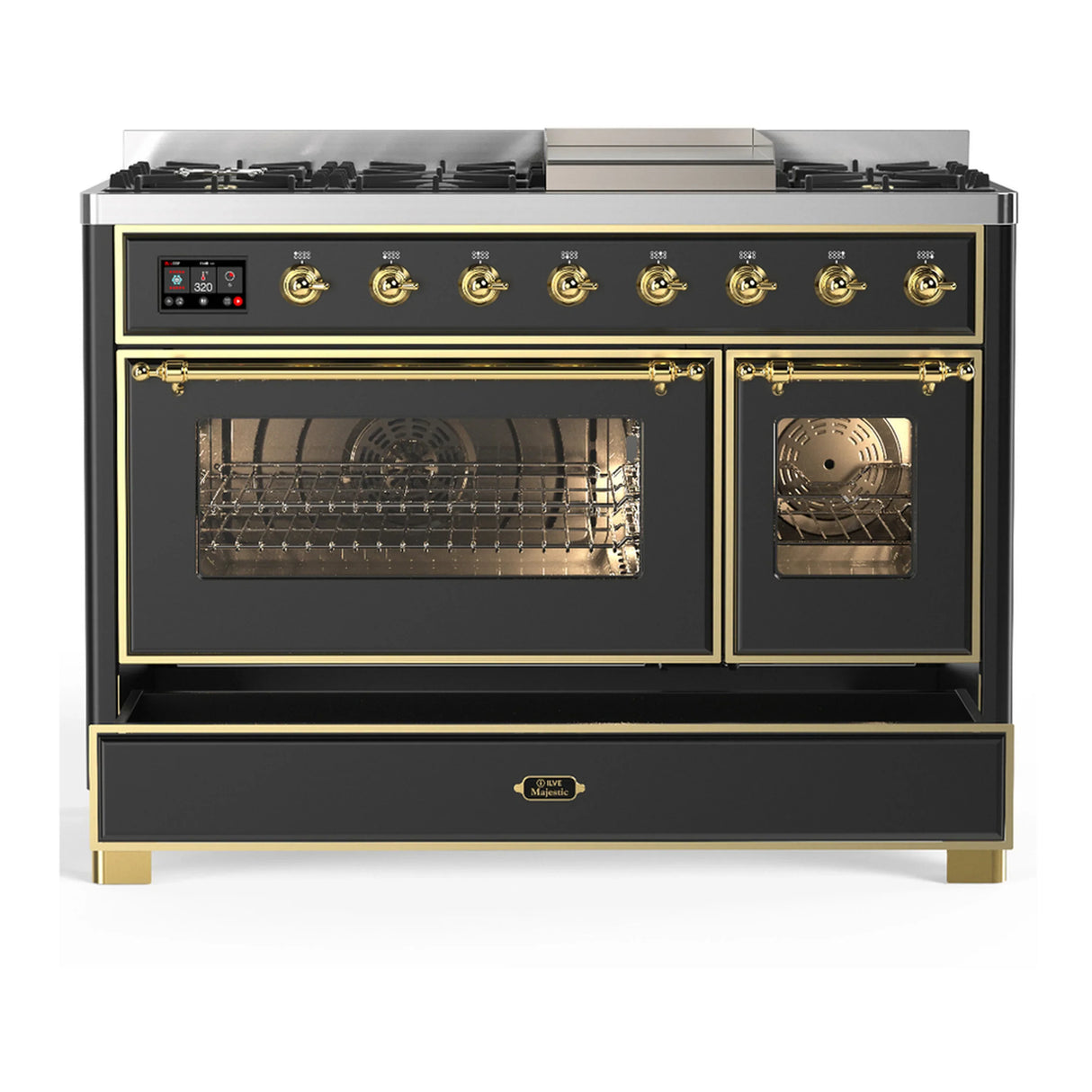 ILVE Majestic III 48-inch Dual Fuel Range with 5 Natural Gas Burner, Griddle and Triple Glass Door Electric Oven in Graphite Matte with Brass Trim (UM48FNR3MGG)