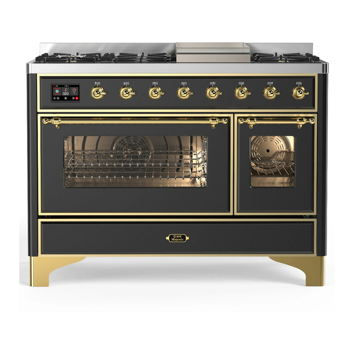 ILVE Majestic III 48-inch Dual Fuel Range with 5 Natural Gas Burner, Griddle and Triple Glass Door Electric Oven in Graphite Matte with Brass Trim (UM48FNR3MGG)