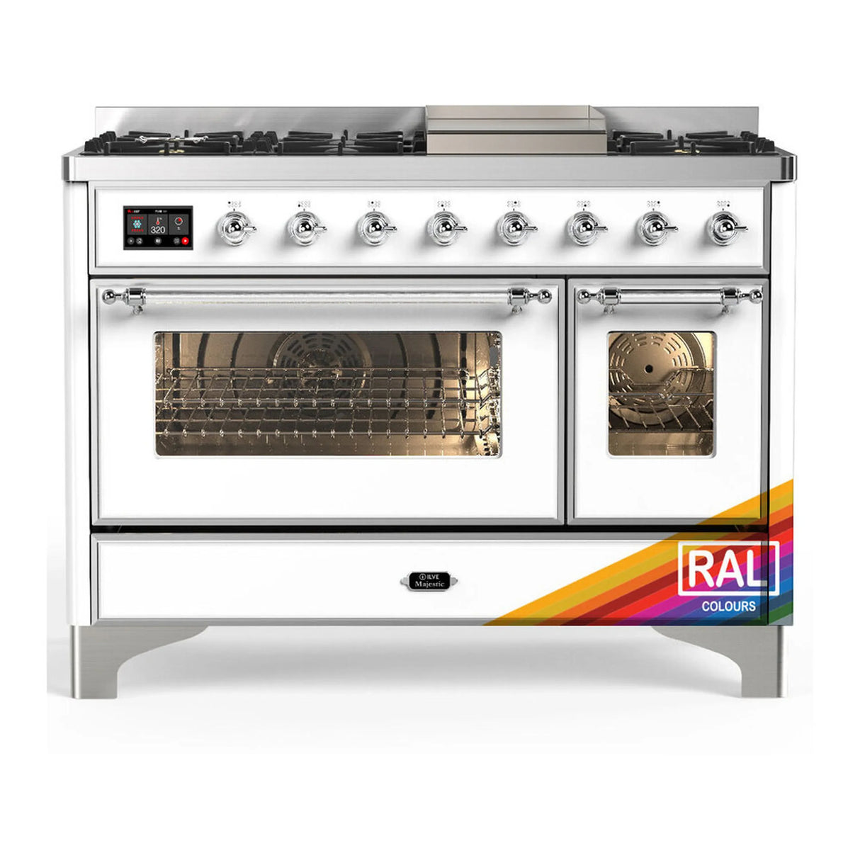 ILVE Majestic III 48-inch Dual Fuel Range with 5 Natural Gas Burner, Griddle and Triple Glass Door Electric Oven in RAL with Chrome Trim (UM48FNR3RAC)