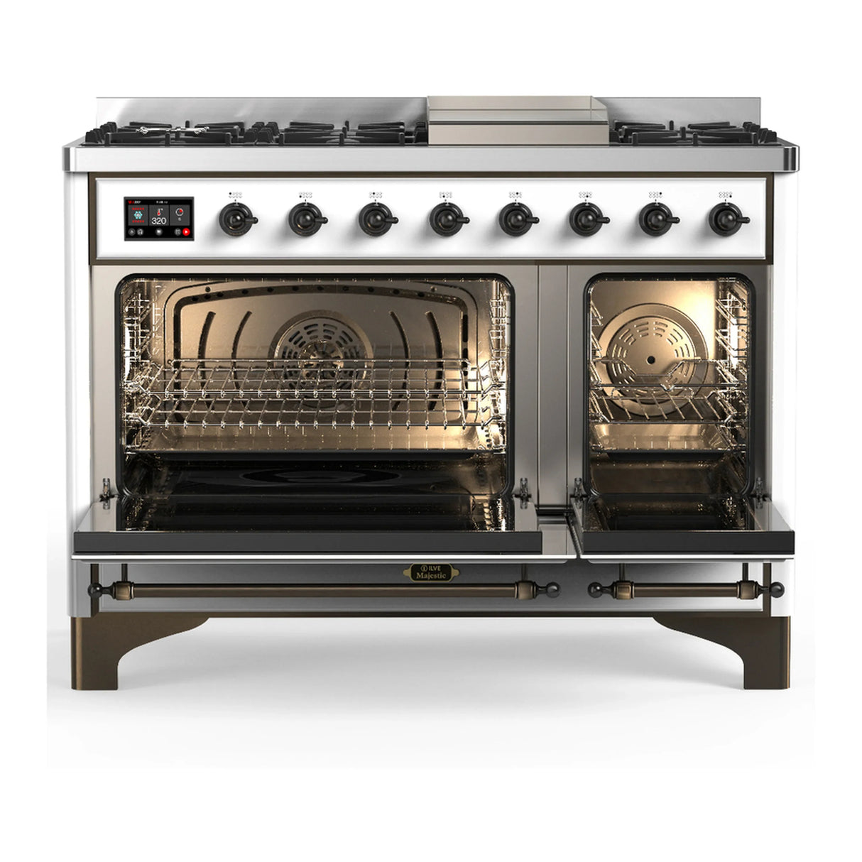 ILVE Majestic III 48-inch Dual Fuel Range with 5 Natural Gas Burner, Griddle and Triple Glass Door Electric Oven in White with Burnished Trim (UM48FNR3WHB)