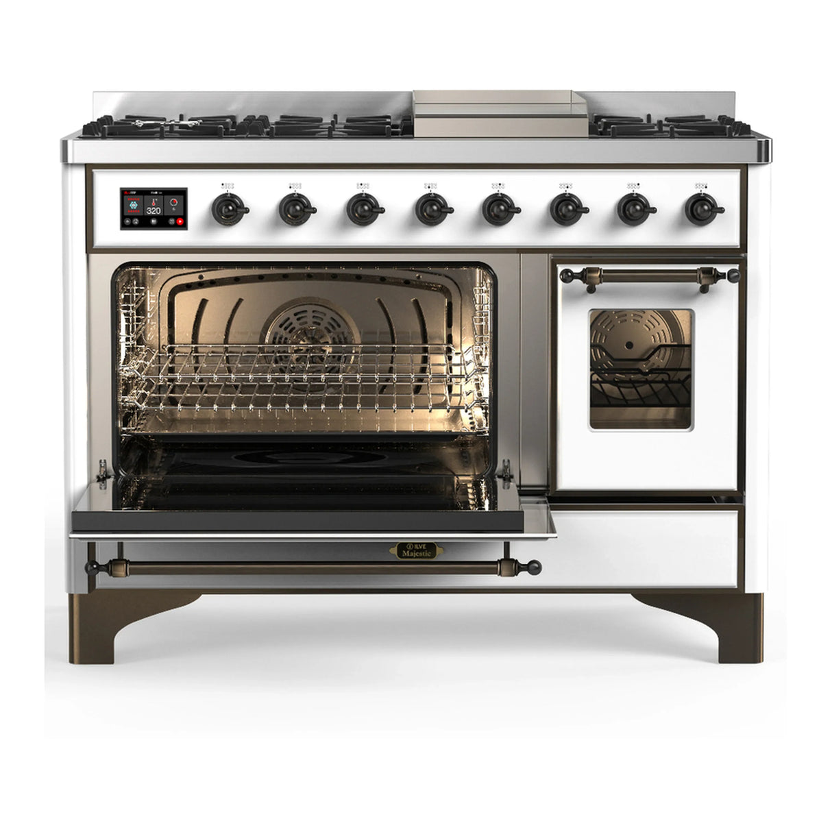 ILVE Majestic III 48-inch Dual Fuel Range with 5 Natural Gas Burner, Griddle and Triple Glass Door Electric Oven in White with Burnished Trim (UM48FNR3WHB)