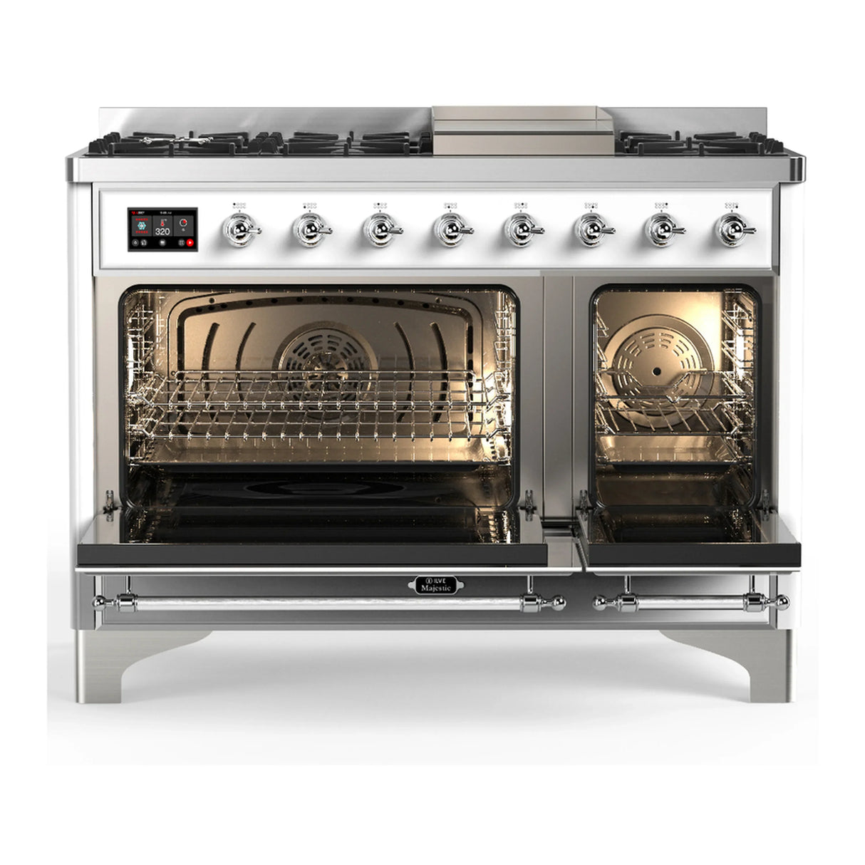 ILVE Majestic III 48-inch Dual Fuel Range with 5 Natural Gas Burner, Griddle and Triple Glass Door Electric Oven in White with Chrome Trim (UM48FNR3WHC)