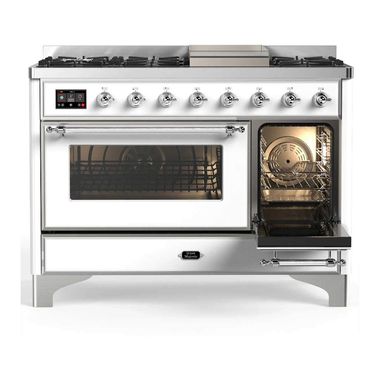 ILVE Majestic III 48-inch Dual Fuel Range with 5 Natural Gas Burner, Griddle and Triple Glass Door Electric Oven in White with Chrome Trim (UM48FNR3WHC)