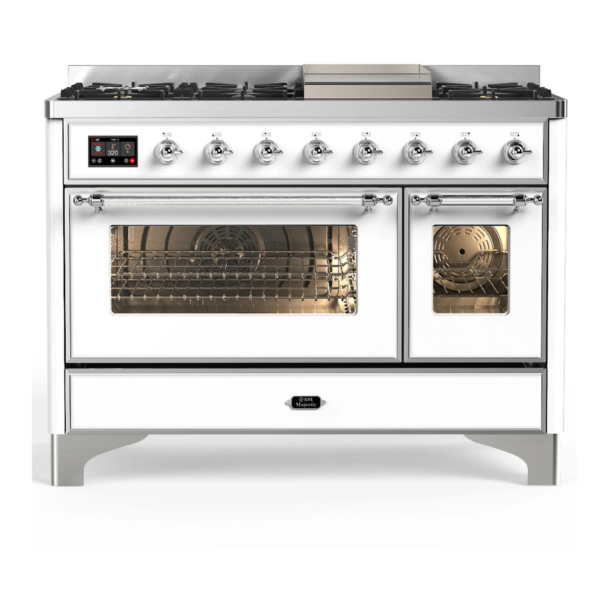 ILVE Majestic III 48-inch Dual Fuel Range with 5 Natural Gas Burner, Griddle and Triple Glass Door Electric Oven in White with Chrome Trim (UM48FNR3WHC)