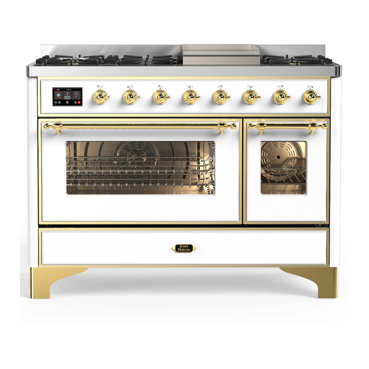 ILVE Majestic III 48-inch Dual Fuel Range with 5 Natural Gas Burner, Griddle and Triple Glass Door Electric Oven in White with Brass Trim (UM48FNR3WHG)