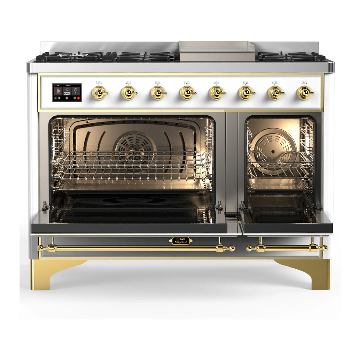 ILVE Majestic III 48-inch Dual Fuel Range with 5 Liquid Propane Burner, Griddle and Triple Glass Door Electric Oven in White with Brass Trim (UM48FNR3WHGLP)