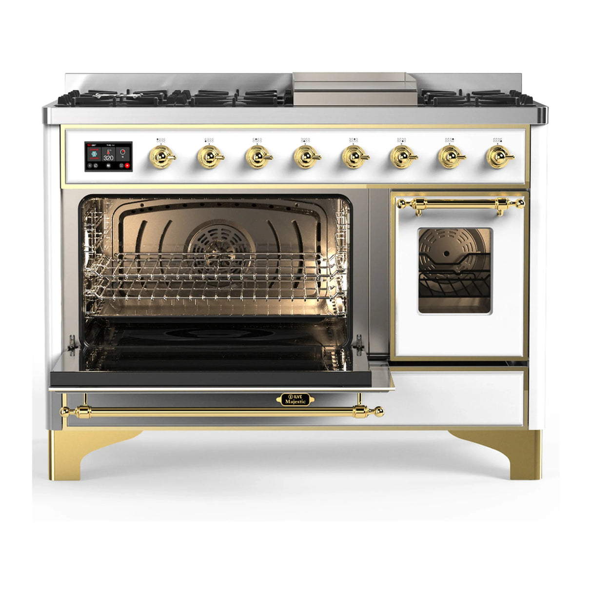 ILVE Majestic III 48-inch Dual Fuel Range with 5 Liquid Propane Burner, Griddle and Triple Glass Door Electric Oven in White with Brass Trim (UM48FNR3WHGLP)