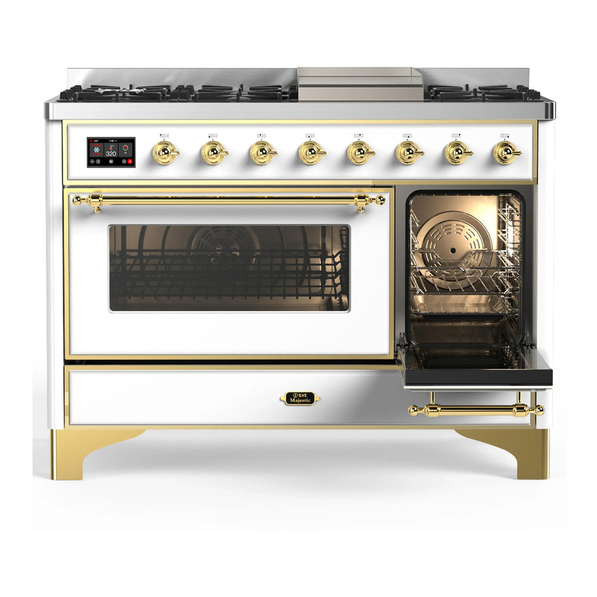 ILVE Majestic III 48-inch Dual Fuel Range with 5 Liquid Propane Burner, Griddle and Triple Glass Door Electric Oven in White with Brass Trim (UM48FNR3WHGLP)