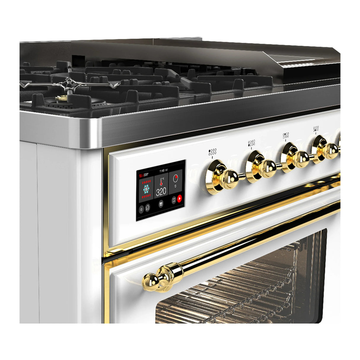 ILVE Majestic III 48-inch Dual Fuel Range with 5 Natural Gas Burner, Griddle and Triple Glass Door Electric Oven in White with Brass Trim (UM48FNR3WHG)