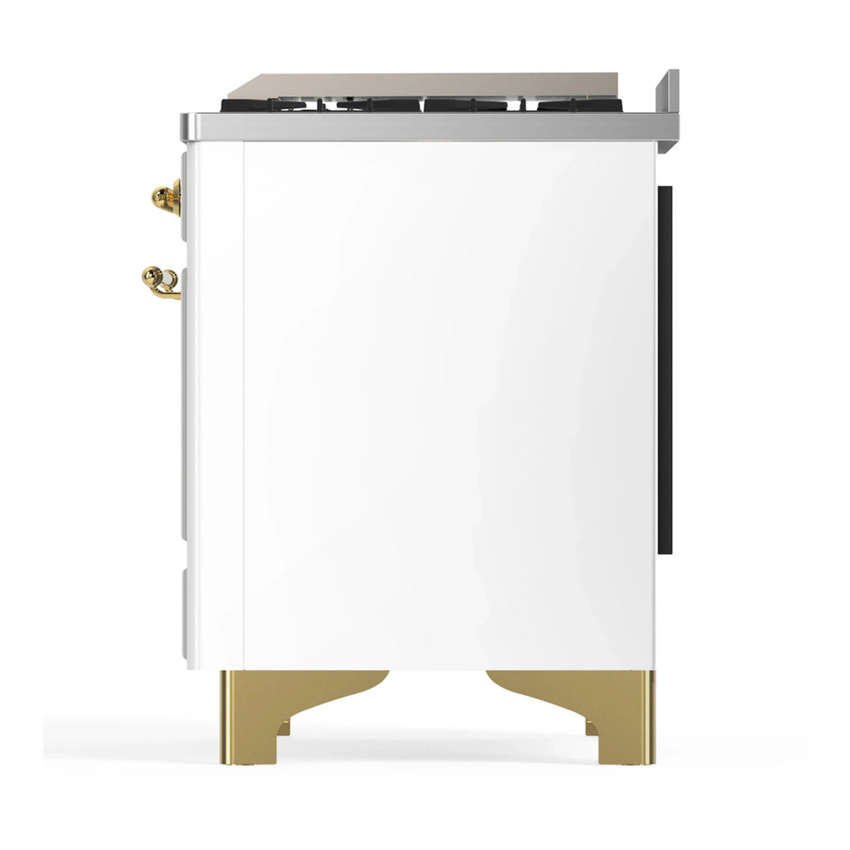 ILVE Majestic III 48-inch Dual Fuel Range with 5 Liquid Propane Burner, Griddle and Triple Glass Door Electric Oven in White with Brass Trim (UM48FNR3WHGLP)