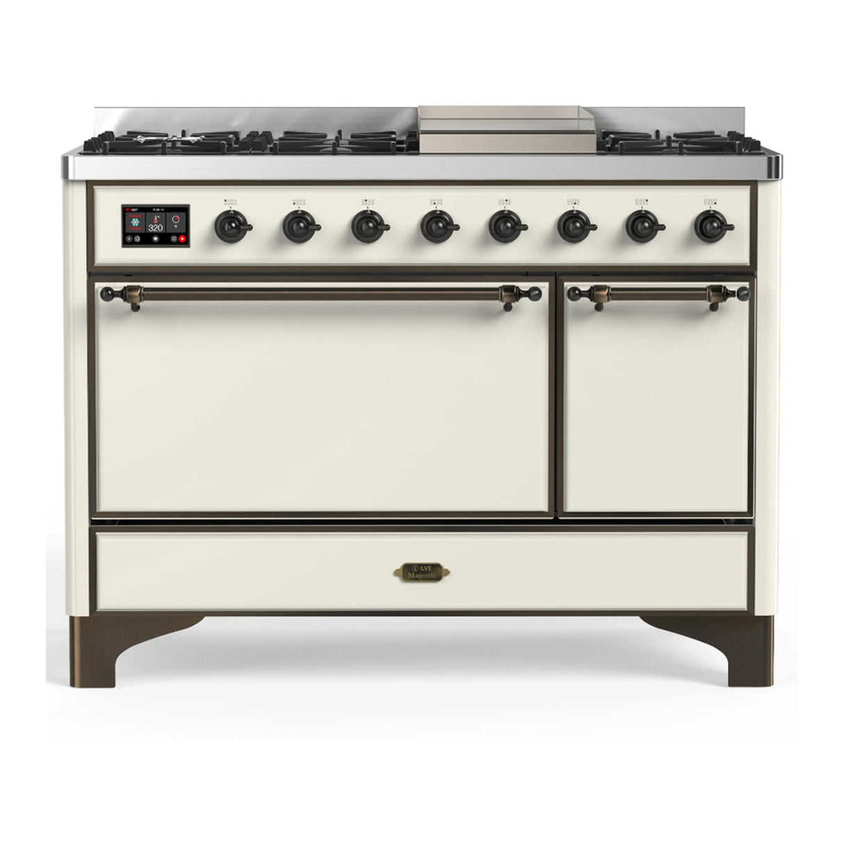 ILVE Majestic III 48-inch Dual Fuel Range with 5 Natural Gas Burner, Griddle and Solid Door Electric Oven in Antique White with Burnished Trim (UM48FQNR3AWB)