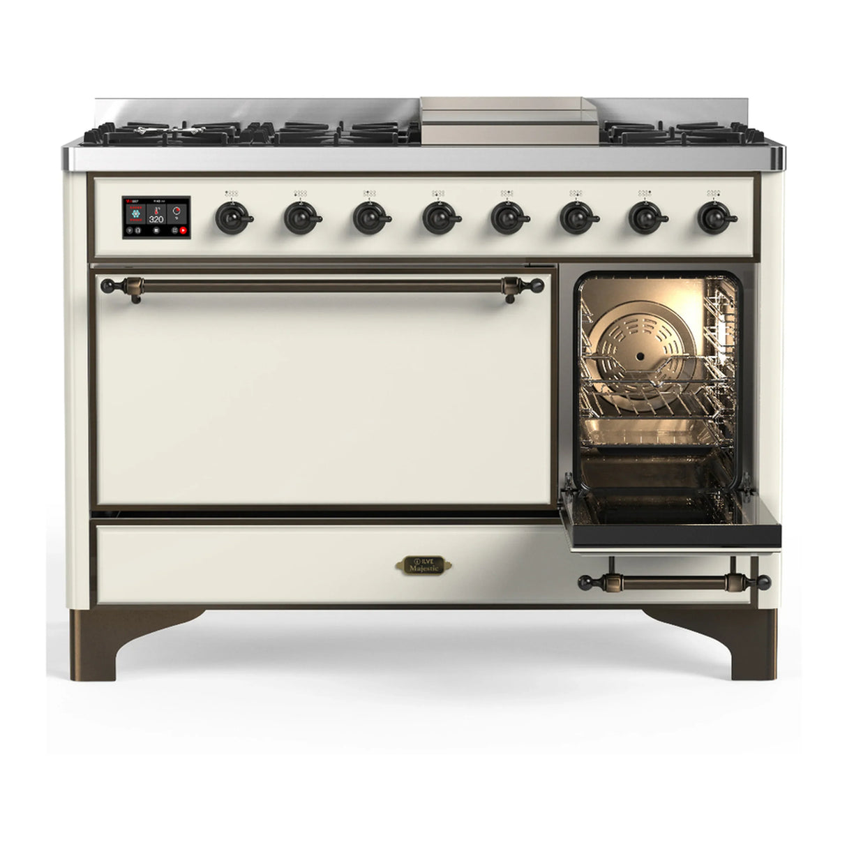 ILVE Majestic III 48-inch Dual Fuel Range with 5 Natural Gas Burner, Griddle and Solid Door Electric Oven in Antique White with Burnished Trim (UM48FQNR3AWB)