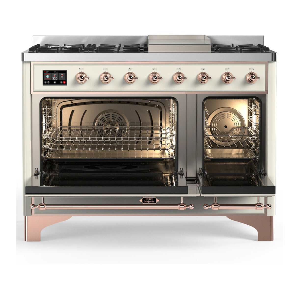 ILVE Majestic III 48-inch Dual Fuel Range with 5 Liquid Propane Burner, Griddle and Solid Door Electric Oven in Antique White with Copper Trim (UM48FQNR3AWPLP)