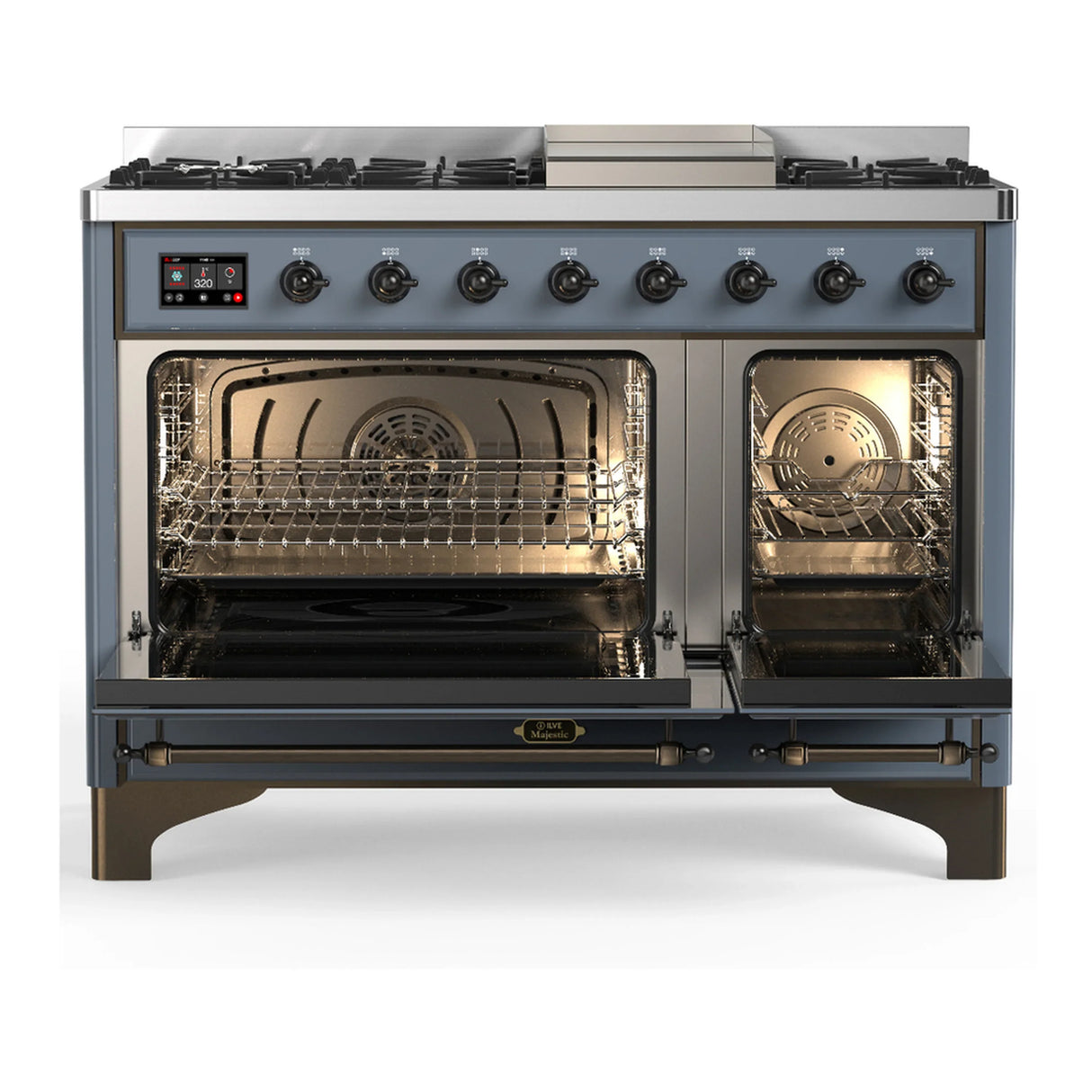 ILVE Majestic III 48-inch Dual Fuel Range with 5 Natural Gas Burner, Griddle and Solid Door Electric Oven in Blue Grey with Burnished Trim (UM48FQNR3BGB)