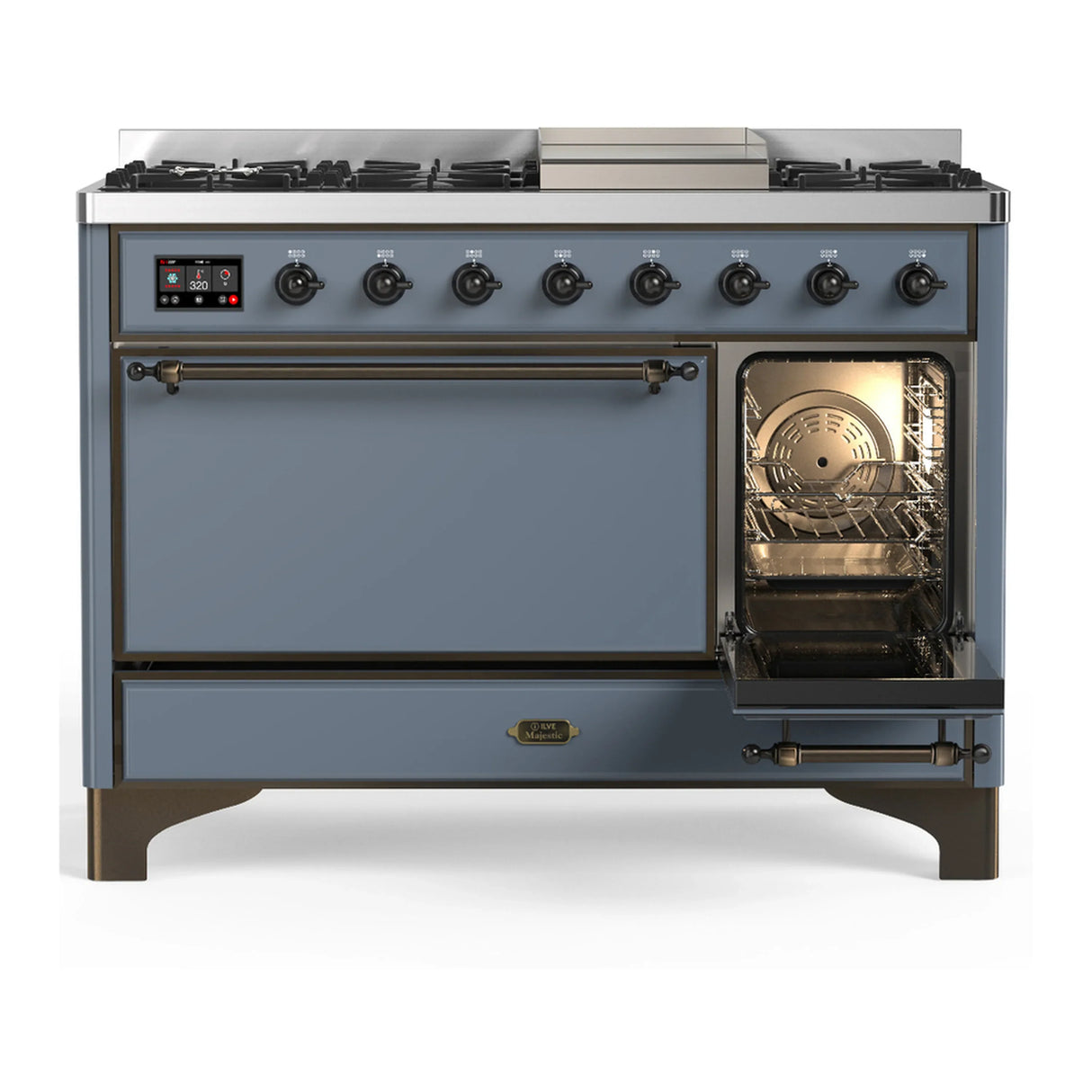 ILVE Majestic III 48-inch Dual Fuel Range with 5 Natural Gas Burner, Griddle and Solid Door Electric Oven in Blue Grey with Burnished Trim (UM48FQNR3BGB)