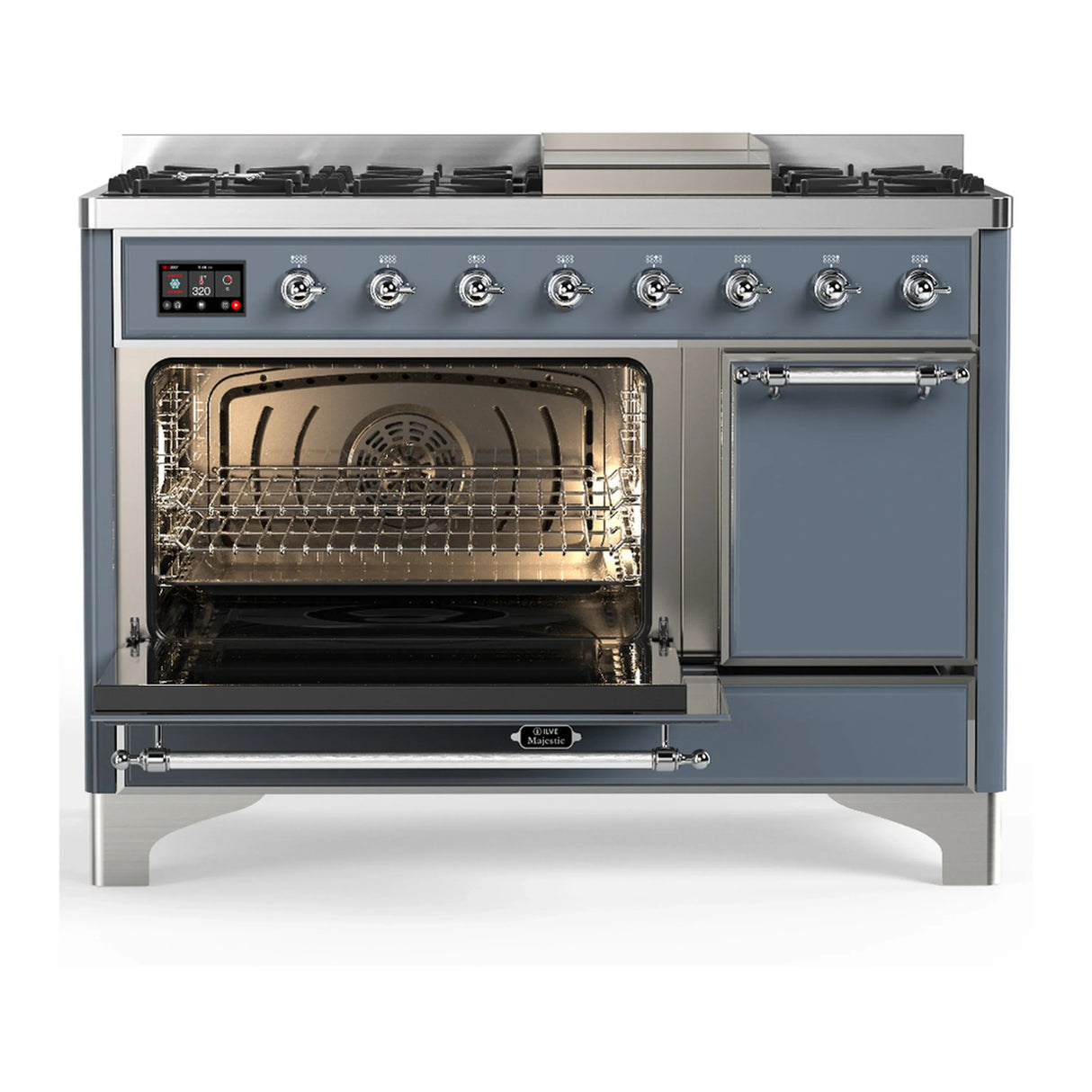 ILVE Majestic III 48-inch Dual Fuel Range with 5 Liquid Propane Burner, Griddle and Solid Door Electric Oven in Blue Grey with Chrome Trim (UM48FQNR3BGCLP)