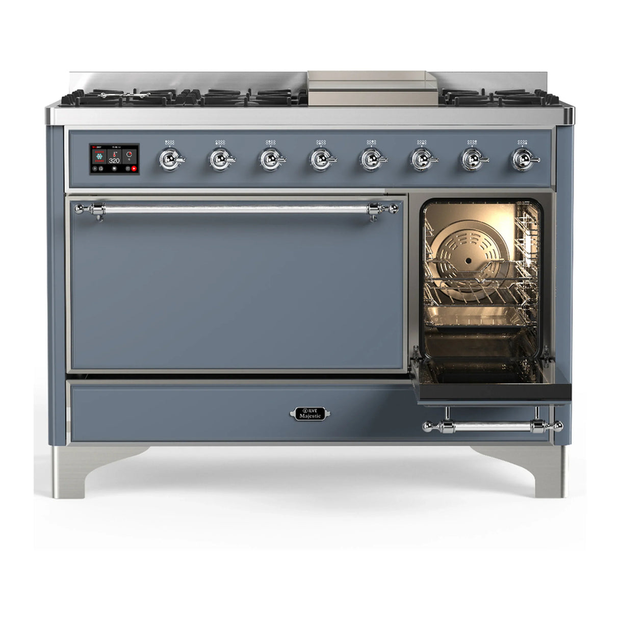 ILVE Majestic III 48-inch Dual Fuel Range with 5 Liquid Propane Burner, Griddle and Solid Door Electric Oven in Blue Grey with Chrome Trim (UM48FQNR3BGCLP)