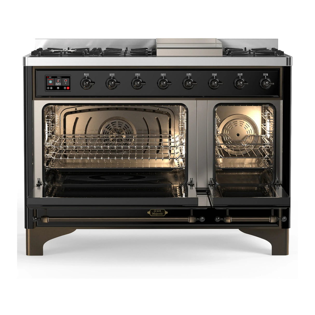 ILVE Majestic III 48-inch Dual Fuel Range with 5 Liquid Propane Burner, Griddle and Solid Door Electric Oven in Glossy Black with Burnished Trim (UM48FQNR3BKBLP)