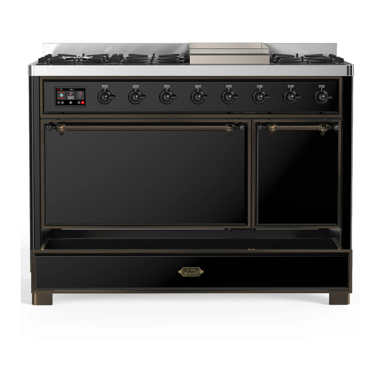 ILVE Majestic III 48-inch Dual Fuel Range with 5 Liquid Propane Burner, Griddle and Solid Door Electric Oven in Glossy Black with Burnished Trim (UM48FQNR3BKBLP)