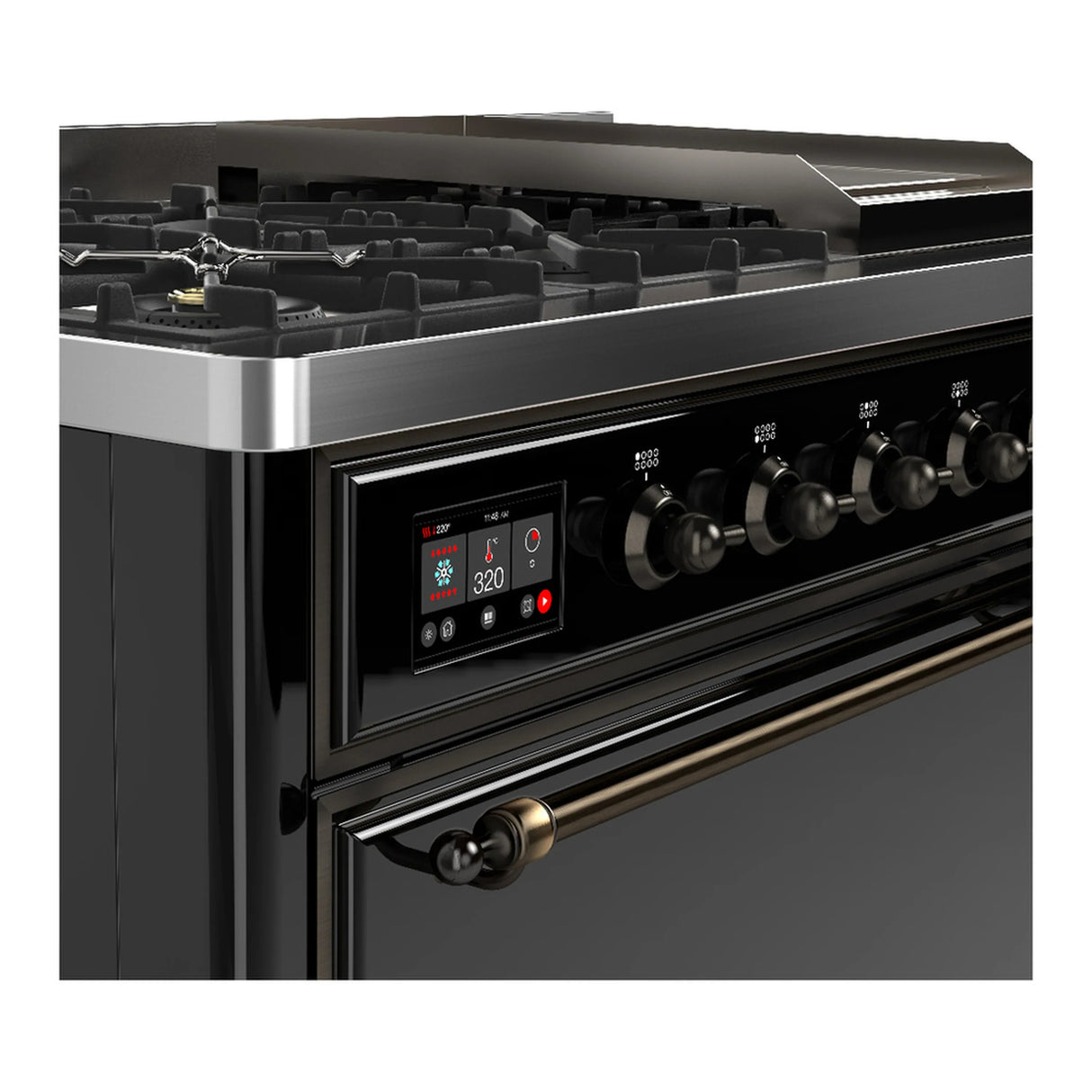 ILVE Majestic III 48-inch Dual Fuel Range with 5 Liquid Propane Burner, Griddle and Solid Door Electric Oven in Glossy Black with Burnished Trim (UM48FQNR3BKBLP)