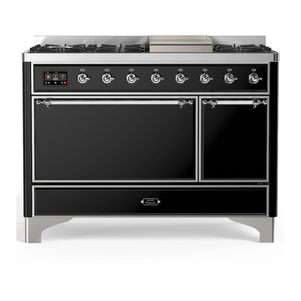 ILVE Majestic III 48-inch Dual Fuel Range with 5 Liquid Propane Burner, Griddle and Solid Door Electric Oven in Glossy Black with Chrome Trim (UM48FQNR3BKCLP)