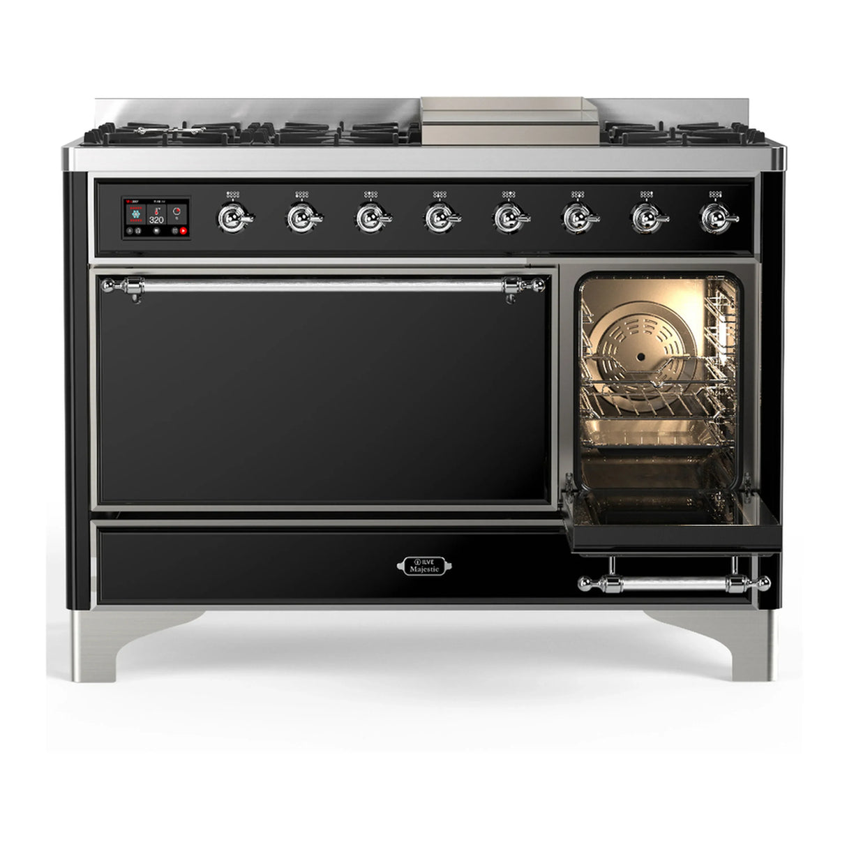 ILVE Majestic III 48-inch Dual Fuel Range with 5 Liquid Propane Burner, Griddle and Solid Door Electric Oven in Glossy Black with Chrome Trim (UM48FQNR3BKCLP)