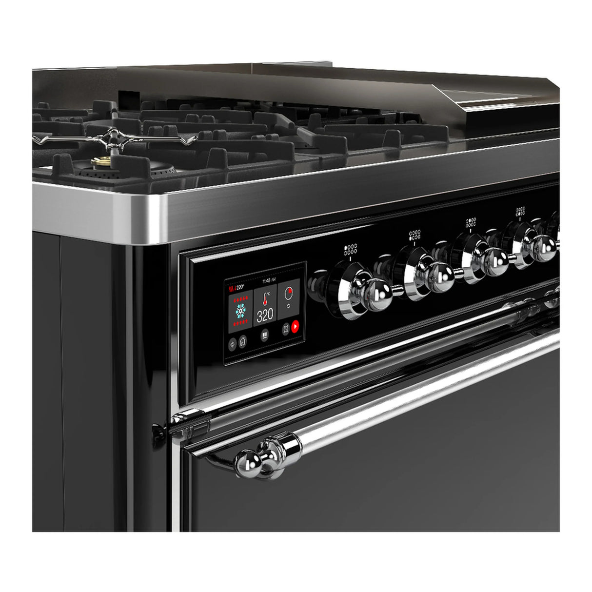 ILVE Majestic III 48-inch Dual Fuel Range with 5 Liquid Propane Burner, Griddle and Solid Door Electric Oven in Glossy Black with Chrome Trim (UM48FQNR3BKCLP)
