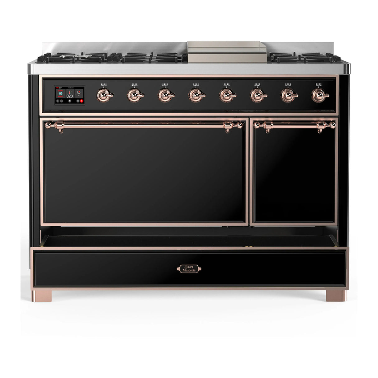 ILVE Majestic III 48-inch Dual Fuel Range with 5 Natural Gas Burner, Griddle and Solid Door Electric Oven in Glossy Black with Copper Trim (UM48FQNR3BKP)