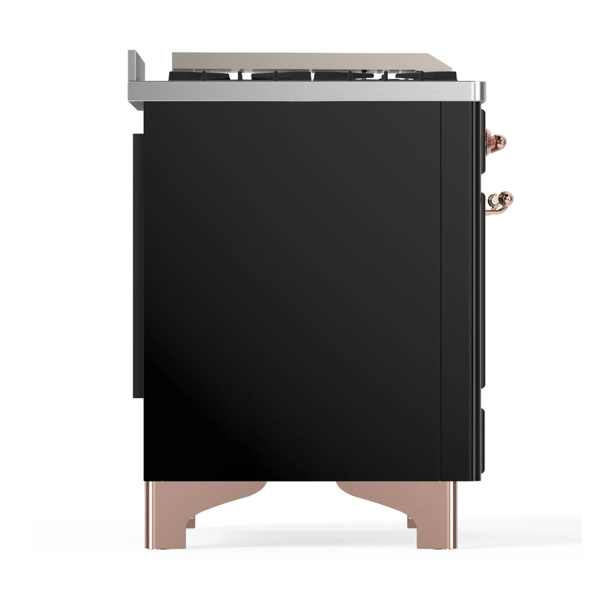 ILVE Majestic III 48-inch Dual Fuel Range with 5 Natural Gas Burner, Griddle and Solid Door Electric Oven in Glossy Black with Copper Trim (UM48FQNR3BKP)