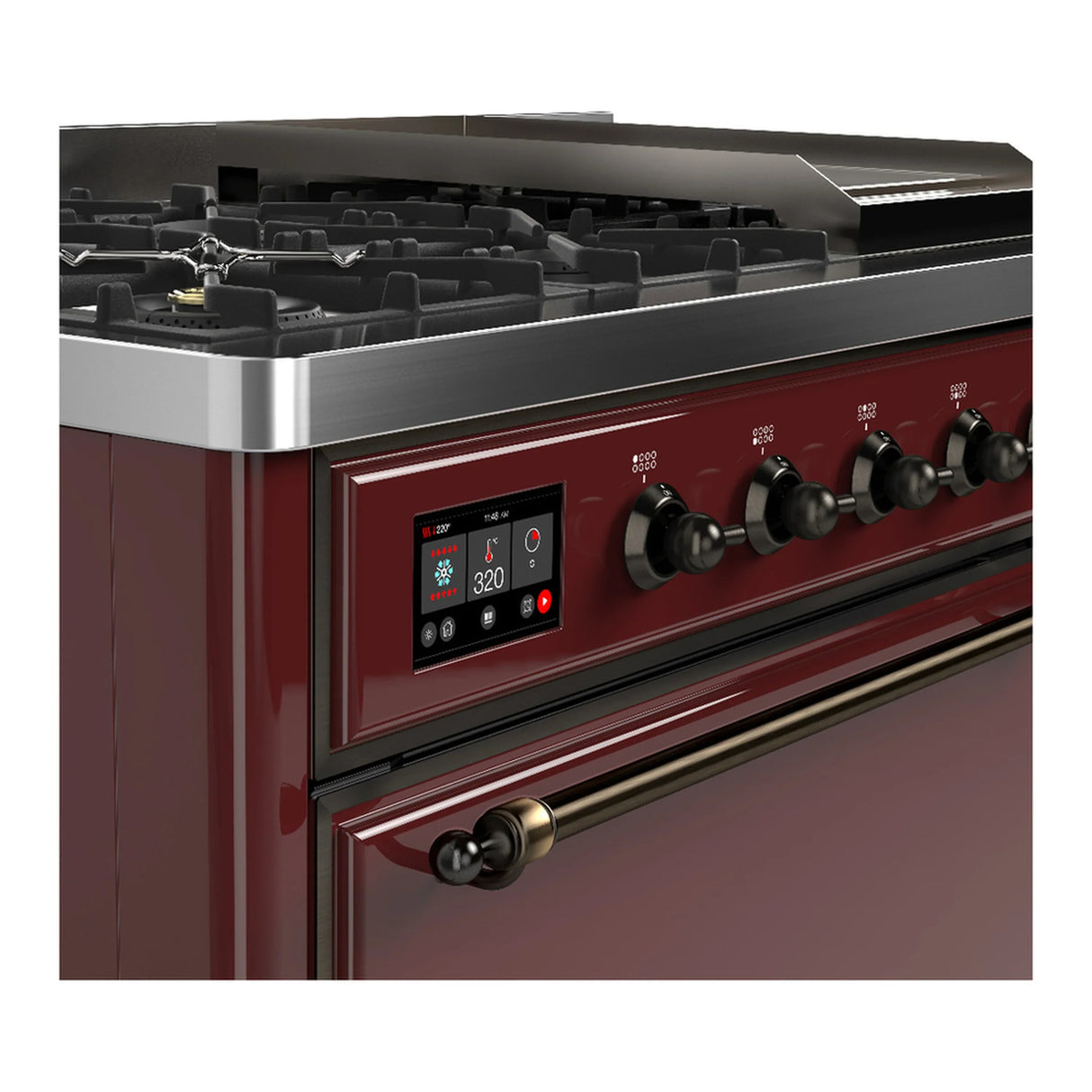 ILVE Majestic III 48-inch Dual Fuel Range with 5 Liquid Propane Burner, Griddle and Solid Door Electric Oven in Burgundy with Burnished Trim (UM48FQNR3BUBLP)