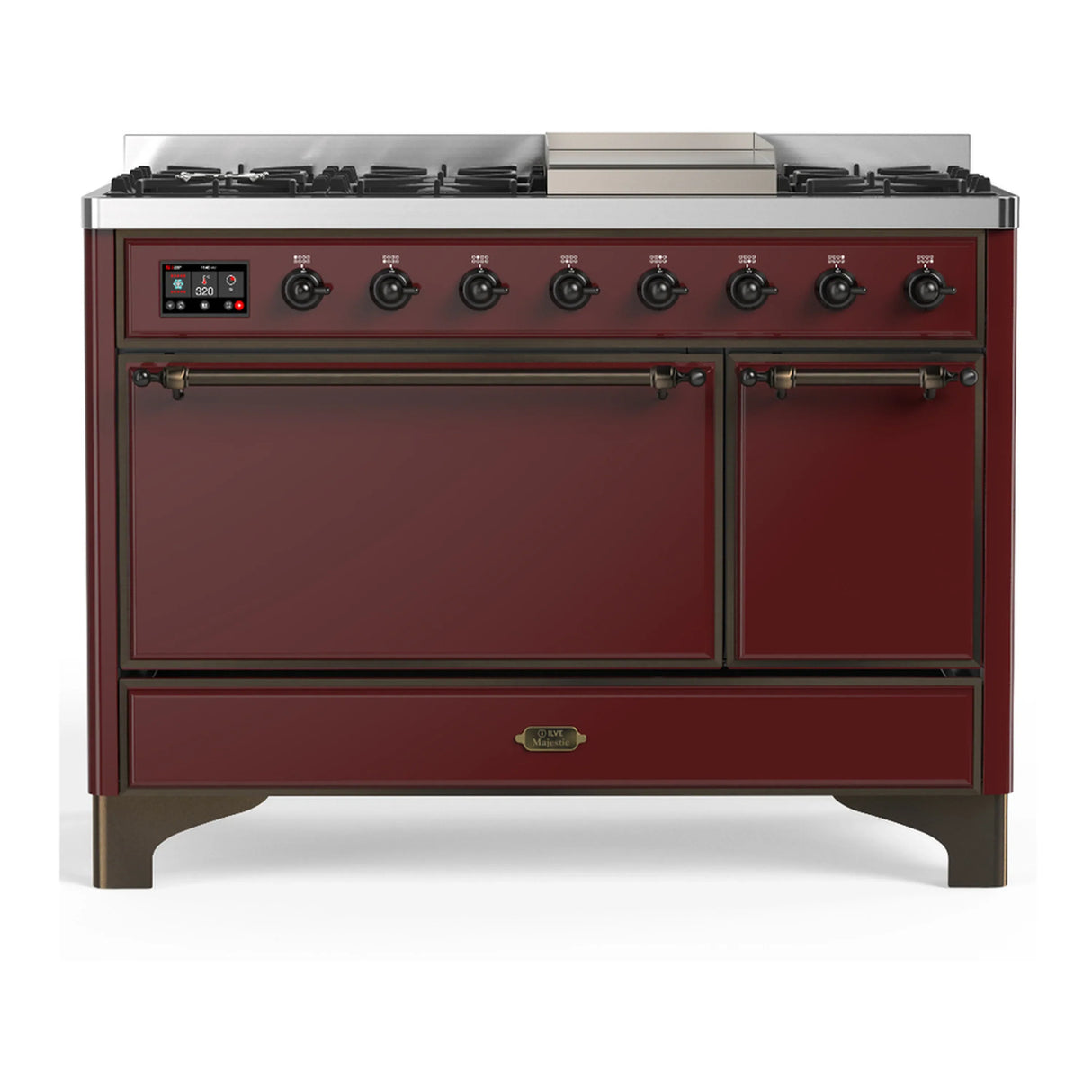 ILVE Majestic III 48-inch Dual Fuel Range with 5 Liquid Propane Burner, Griddle and Solid Door Electric Oven in Burgundy with Burnished Trim (UM48FQNR3BUBLP)