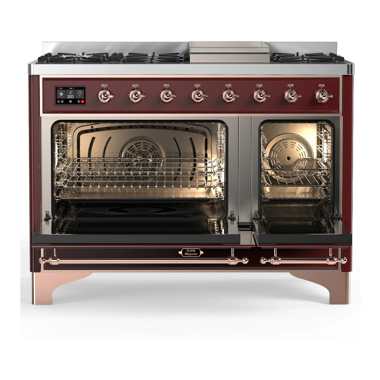 ILVE Majestic III 48-inch Dual Fuel Range with 5 Liquid Propane Burner, Griddle and Solid Door Electric Oven in Burgundy with Copper Trim (UM48FQNR3BUPLP)