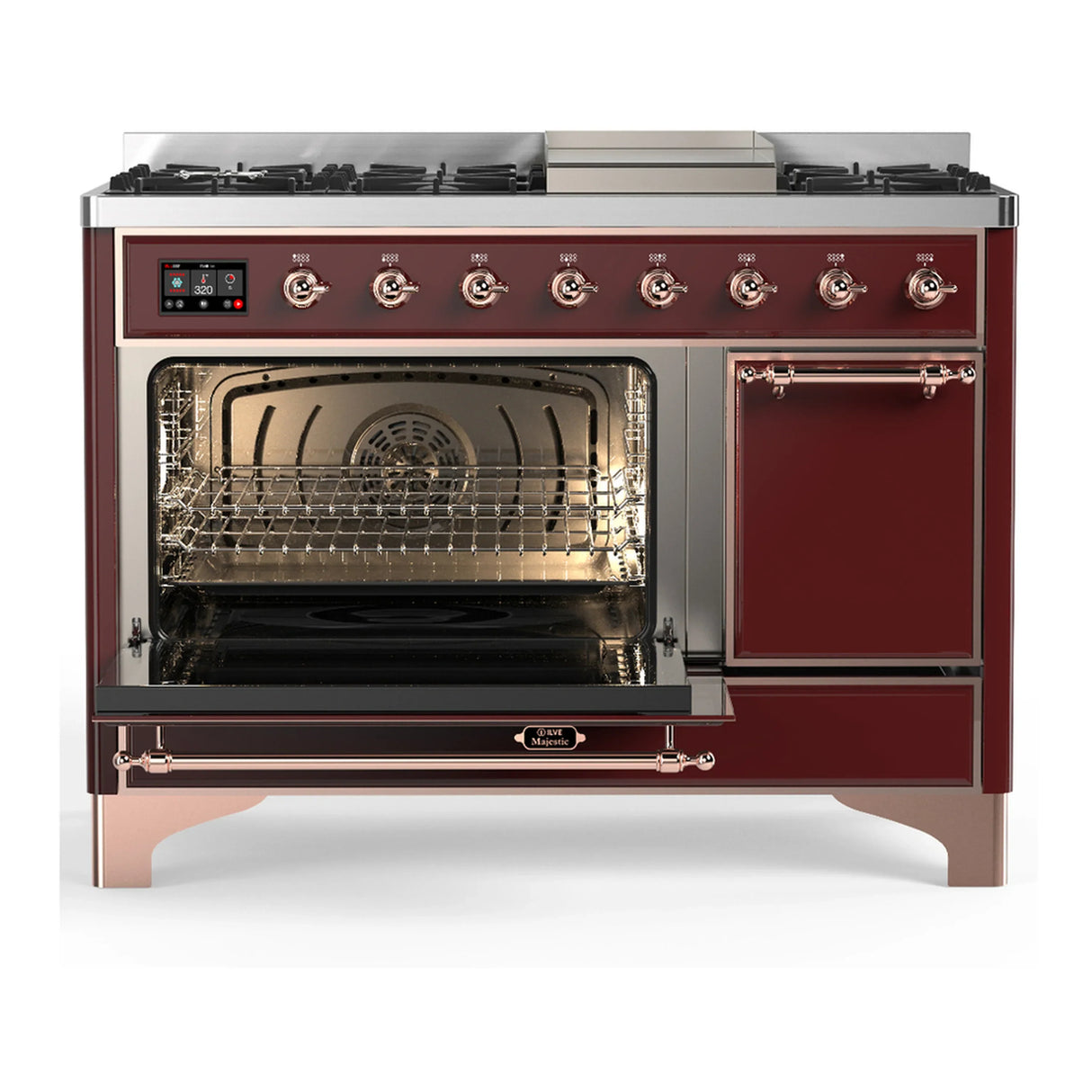 ILVE Majestic III 48-inch Dual Fuel Range with 5 Liquid Propane Burner, Griddle and Solid Door Electric Oven in Burgundy with Copper Trim (UM48FQNR3BUPLP)