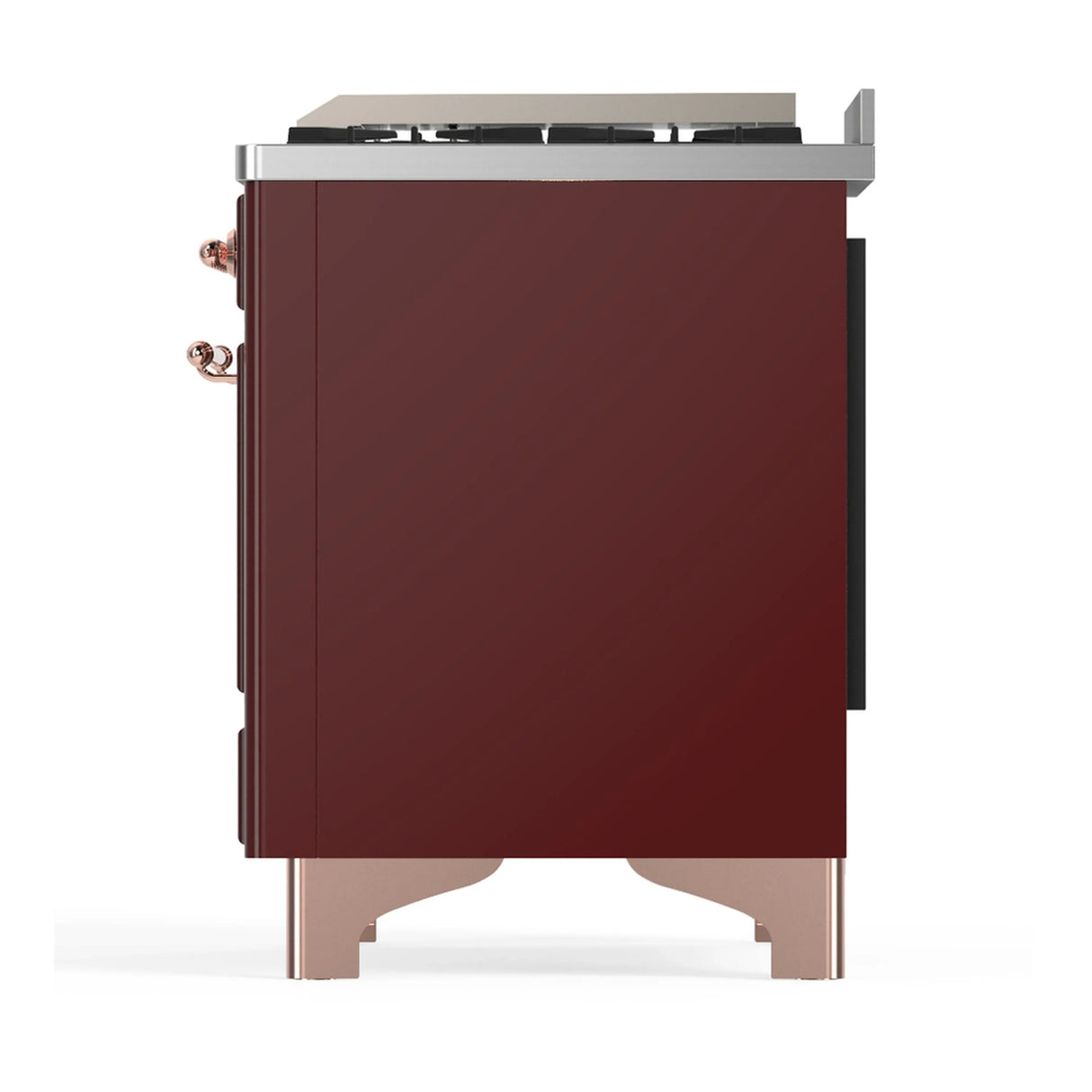 ILVE Majestic III 48-inch Dual Fuel Range with 5 Liquid Propane Burner, Griddle and Solid Door Electric Oven in Burgundy with Copper Trim (UM48FQNR3BUPLP)