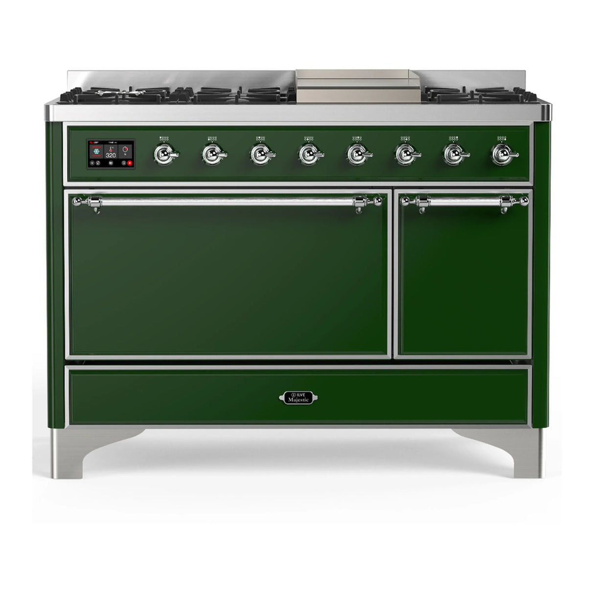 ILVE Majestic III 48-inch Dual Fuel Range with 5 Liquid Propane Burner, Griddle and Solid Door Electric Oven in Emerald Green with Chrome Trim (UM48FQNR3EGCLP)