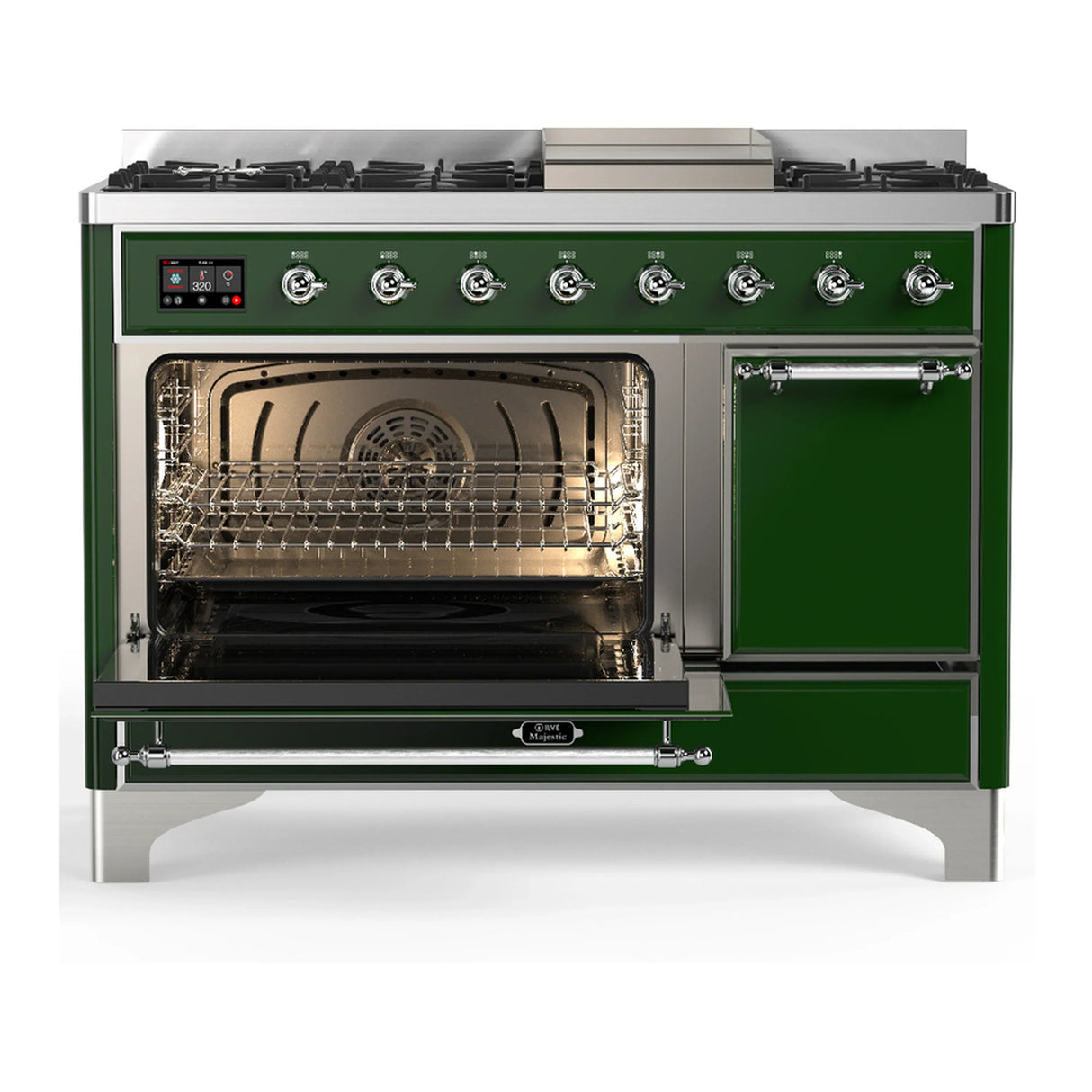 ILVE Majestic III 48-inch Dual Fuel Range with 5 Natural Gas Burner, Griddle and Solid Door Electric Oven in Emerald Green with Chrome Trim (UM48FQNR3EGC)
