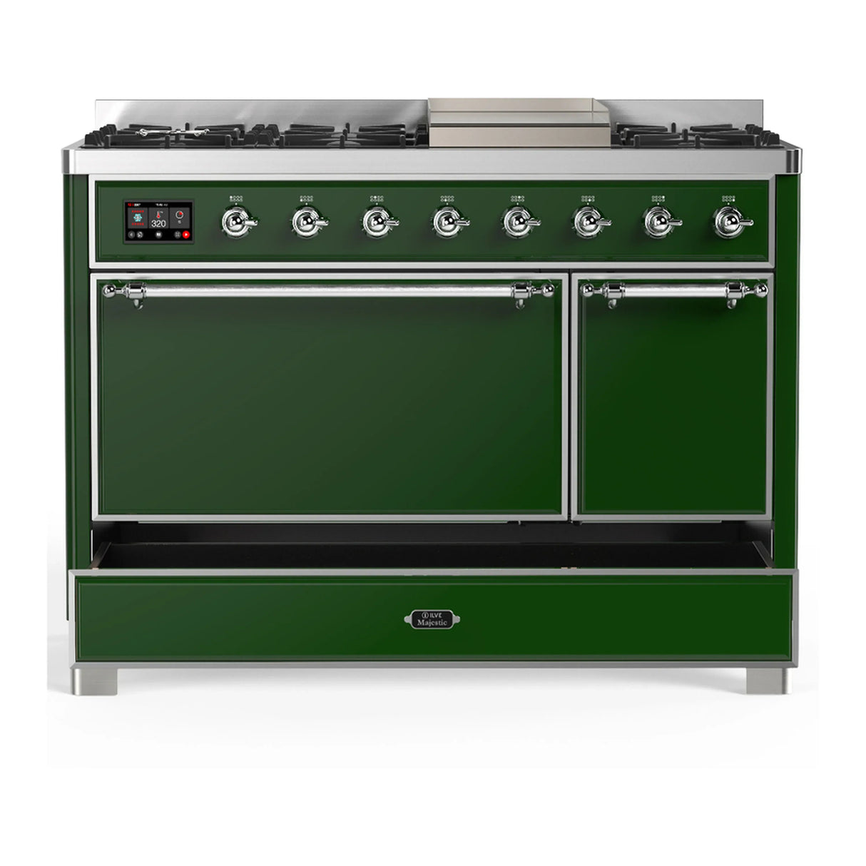 ILVE Majestic III 48-inch Dual Fuel Range with 5 Natural Gas Burner, Griddle and Solid Door Electric Oven in Emerald Green with Chrome Trim (UM48FQNR3EGC)