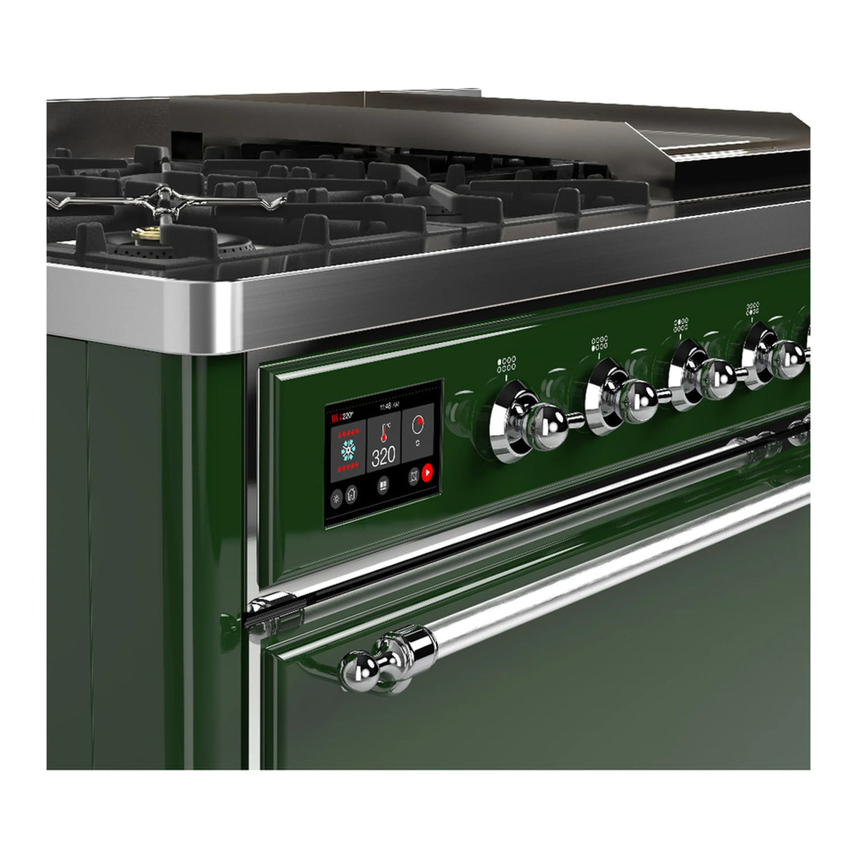 ILVE Majestic III 48-inch Dual Fuel Range with 5 Natural Gas Burner, Griddle and Solid Door Electric Oven in Emerald Green with Chrome Trim (UM48FQNR3EGC)