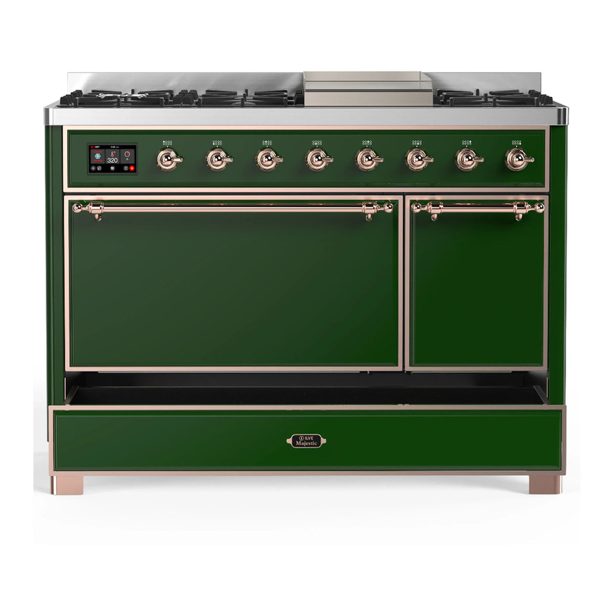 ILVE Majestic III 48-inch Dual Fuel Range with 5 Liquid Propane Burner, Griddle and Solid Door Electric Oven in Emerald Green with Copper Trim (UM48FQNR3EGPLP)