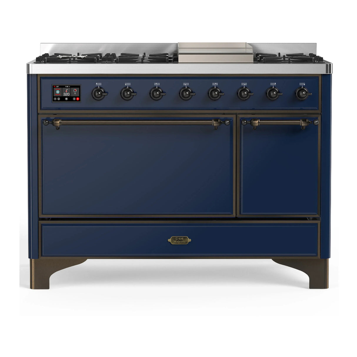 ILVE Majestic III 48-inch Dual Fuel Range with 5 Natural Gas Burner, Griddle and Solid Door Electric Oven in Midnight Blue with Burnished Trim (UM48FQNR3MBB)
