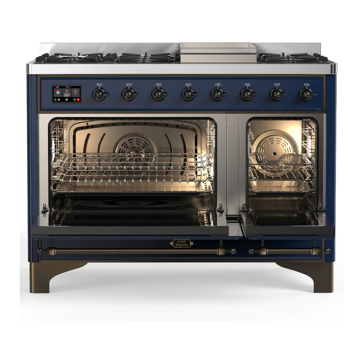 ILVE Majestic III 48-inch Dual Fuel Range with 5 Natural Gas Burner, Griddle and Solid Door Electric Oven in Midnight Blue with Burnished Trim (UM48FQNR3MBB)