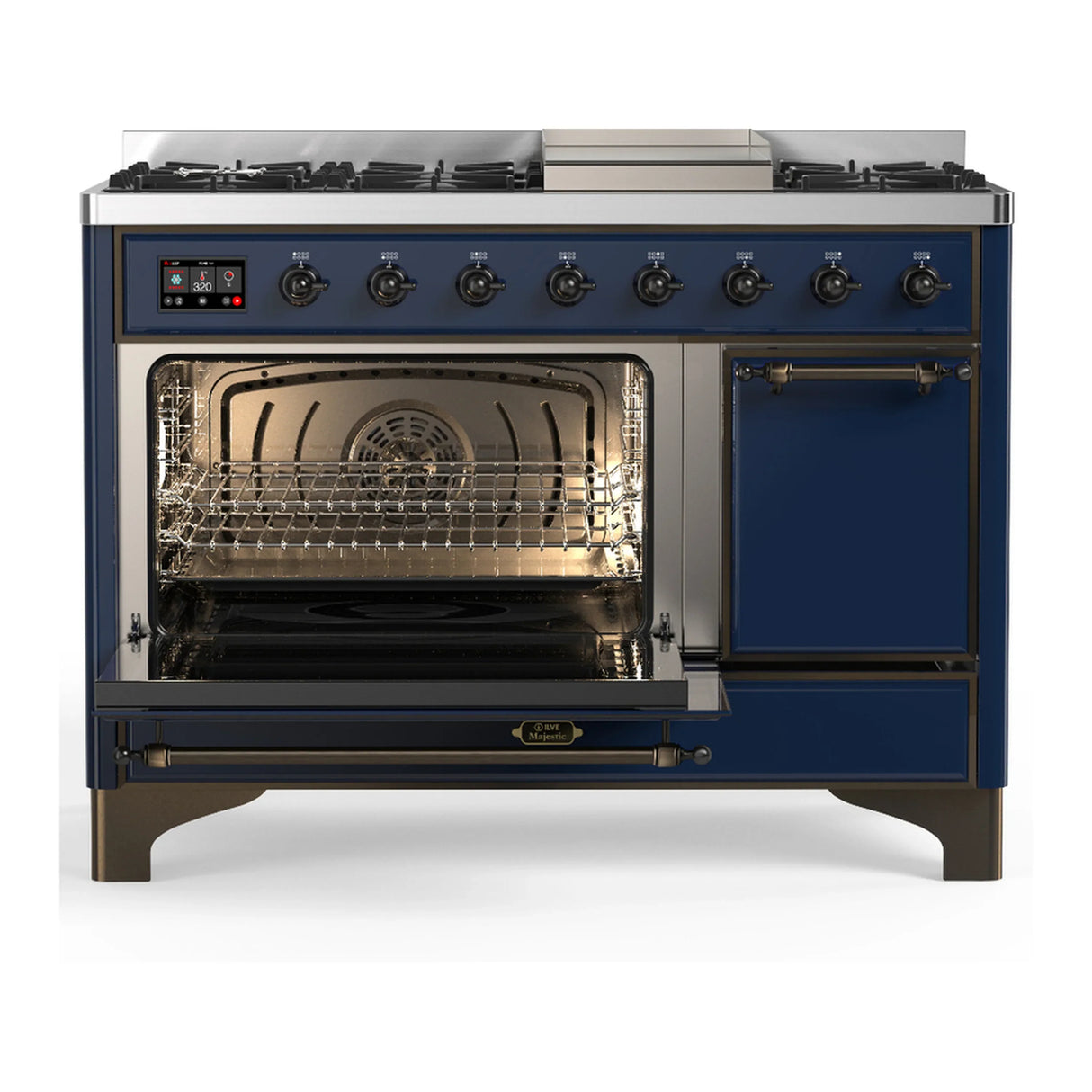 ILVE Majestic III 48-inch Dual Fuel Range with 5 Liquid Propane Burner, Griddle and Solid Door Electric Oven in Midnight Blue with Burnished Trim (UM48FQNR3MBBLP)