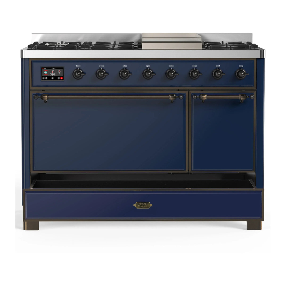 ILVE Majestic III 48-inch Dual Fuel Range with 5 Natural Gas Burner, Griddle and Solid Door Electric Oven in Midnight Blue with Burnished Trim (UM48FQNR3MBB)