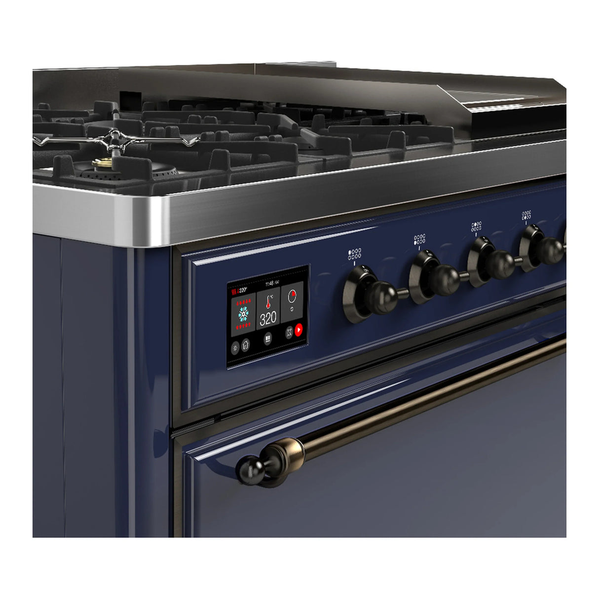 ILVE Majestic III 48-inch Dual Fuel Range with 5 Liquid Propane Burner, Griddle and Solid Door Electric Oven in Midnight Blue with Burnished Trim (UM48FQNR3MBBLP)