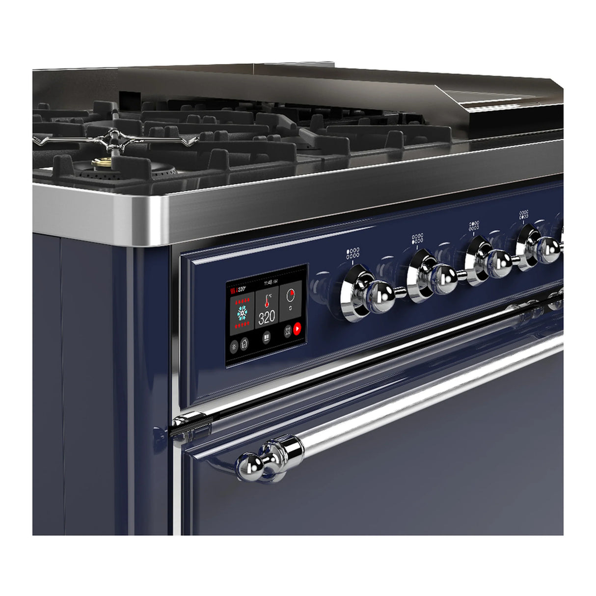 ILVE Majestic III 48-inch Dual Fuel Range with 5 Natural Gas Burner, Griddle and Solid Door Electric Oven in Midnight Blue with Chrome Trim (UM48FQNR3MBC)