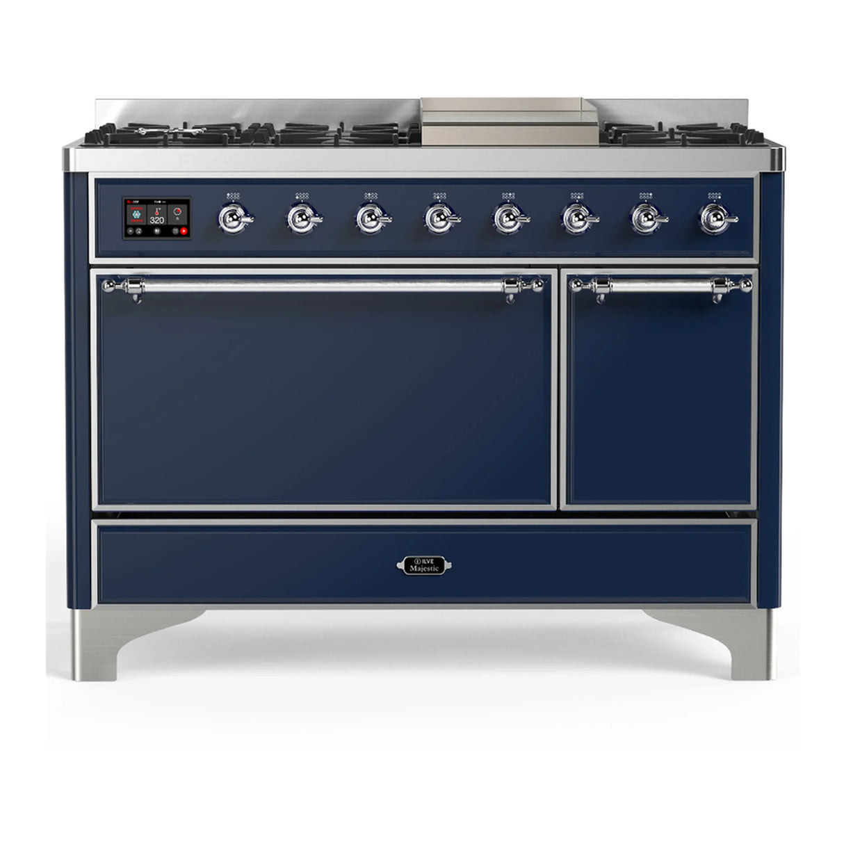 ILVE Majestic III 48-inch Dual Fuel Range with 5 Natural Gas Burner, Griddle and Solid Door Electric Oven in Midnight Blue with Chrome Trim (UM48FQNR3MBC)