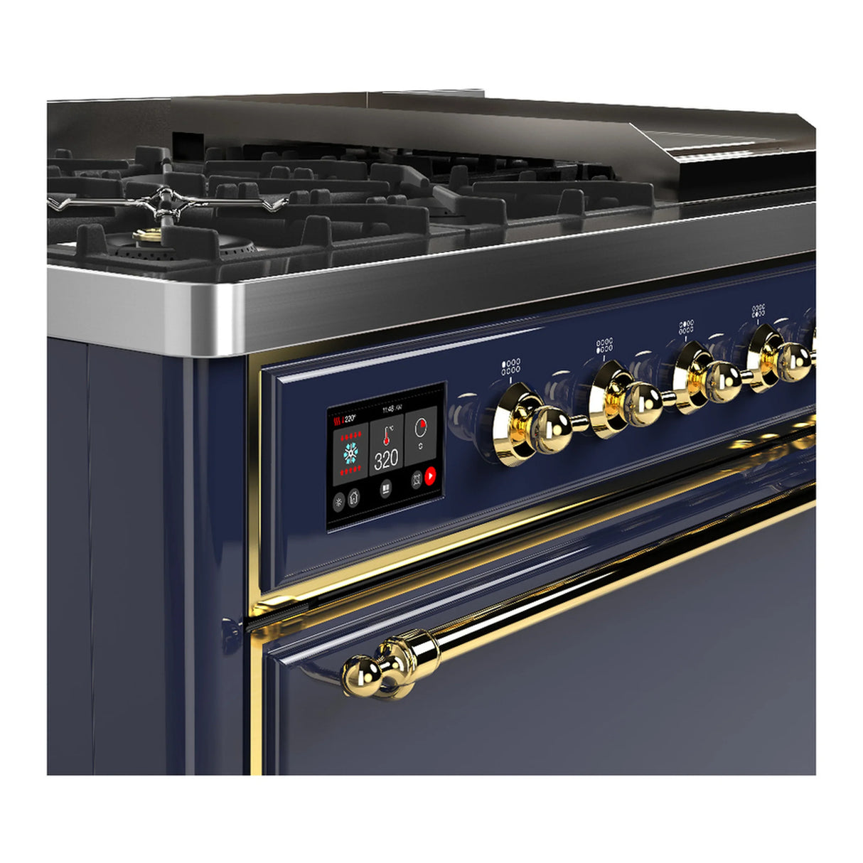 ILVE Majestic III 48-inch Dual Fuel Range with 5 Liquid Propane Burner, Griddle and Solid Door Electric Oven in Blue Grey with Brass Trim (UM48FQNR3MBGLP)